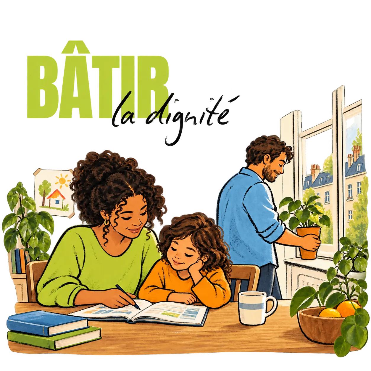 Illustration de campagne « Bâtir la dignité » : une famille réunie chez elle.